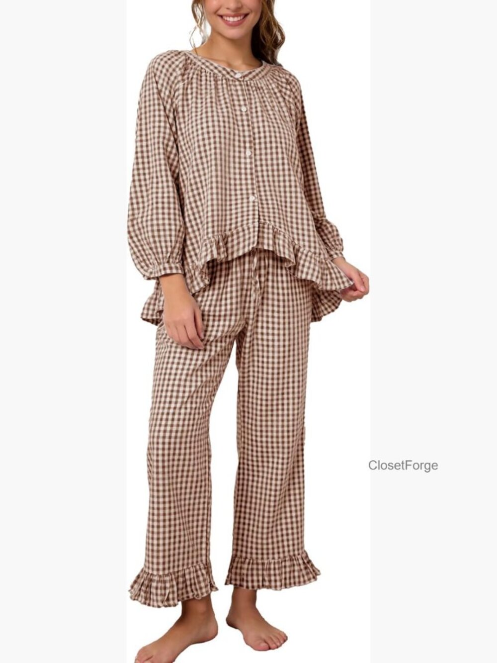 2 Piece Pajama Set with Puff Sleeve & Ruffle Babydoll Top, Cotton Lounge Set